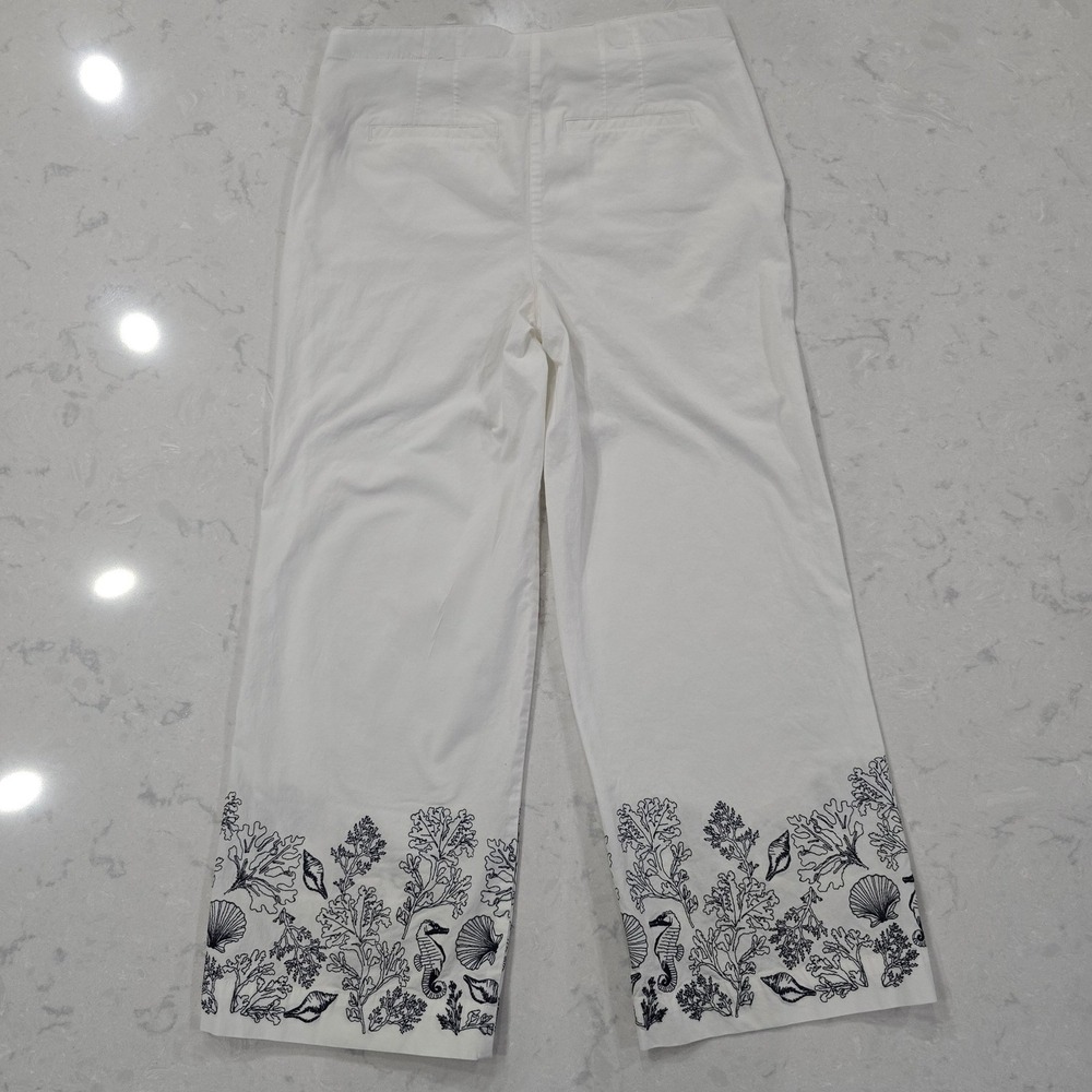 Chico's White Wide Leg Crop Pants Seahorse Coral Shell Embroidery Size 0.5 S/M - Picture 5 of 10